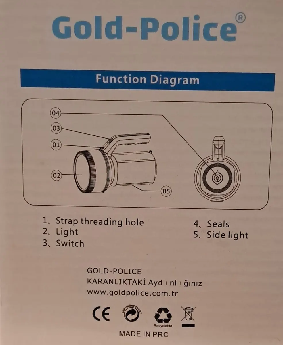 GOLD-POLİCE LED EL FENERİ ŞARJLI 10 W GP-2603 ( 21 cm )-( ÇAP 10.5 cm ) 2
