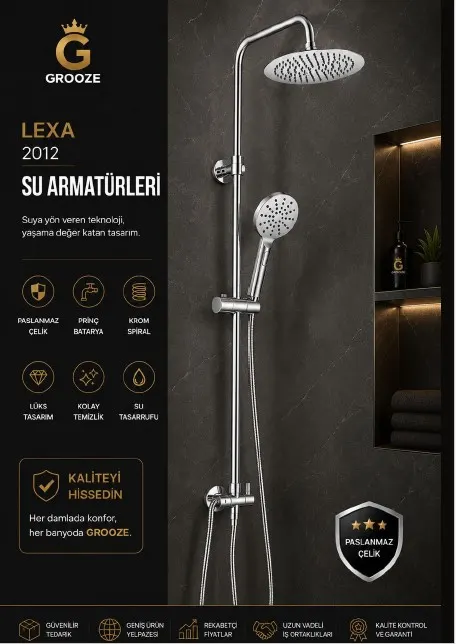 Grooze Robot DUŞ SETİ - FLAT DUŞ SETİ - LEXA - 304 KROM Metal TEPE DUŞU
