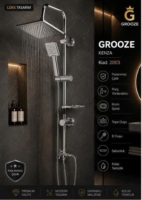 Grooze Robot DUŞ SETİ - FLAT DUŞ SETİ - Kenza - Komple KROM