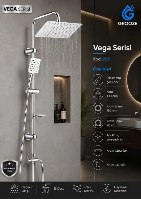 Grooze Robot DUŞ SETİ - FLAT DUŞ SETİ - VEGA - 304 KROM Metal TEPE VE EL DUŞU