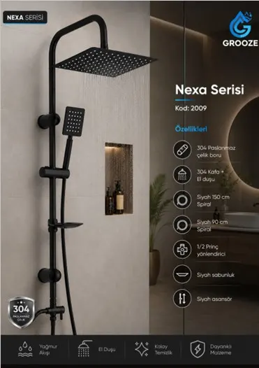 Grooze Robot DUŞ SETİ - FLAT DUŞ SETİ - NEXA - 304 MAT Siyah Metal TEPE VE EL DUŞU