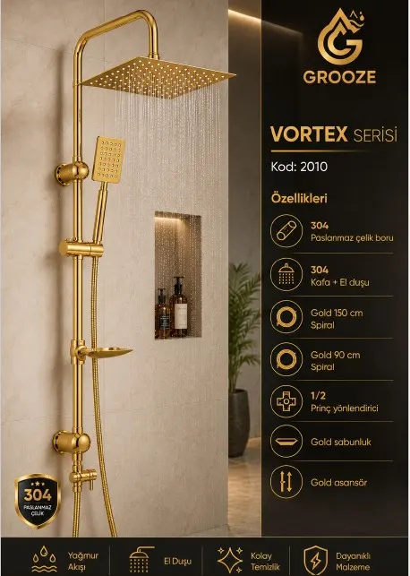 Grooze Robot DUŞ SETİ - FLAT DUŞ SETİ - Vortex - 304 GOLD ( Altın ) Metal TEPE VE EL DUŞU