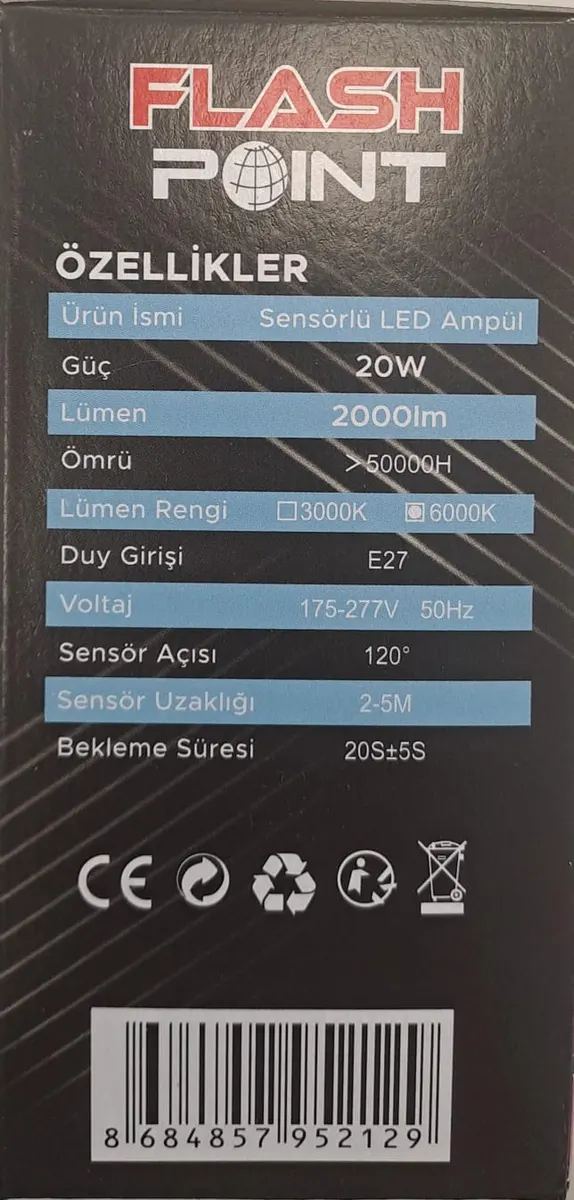 Flash Poınt E27 DUY Sensörlü LED Ampül 20 W 2000LM Beyaz IŞIK 4