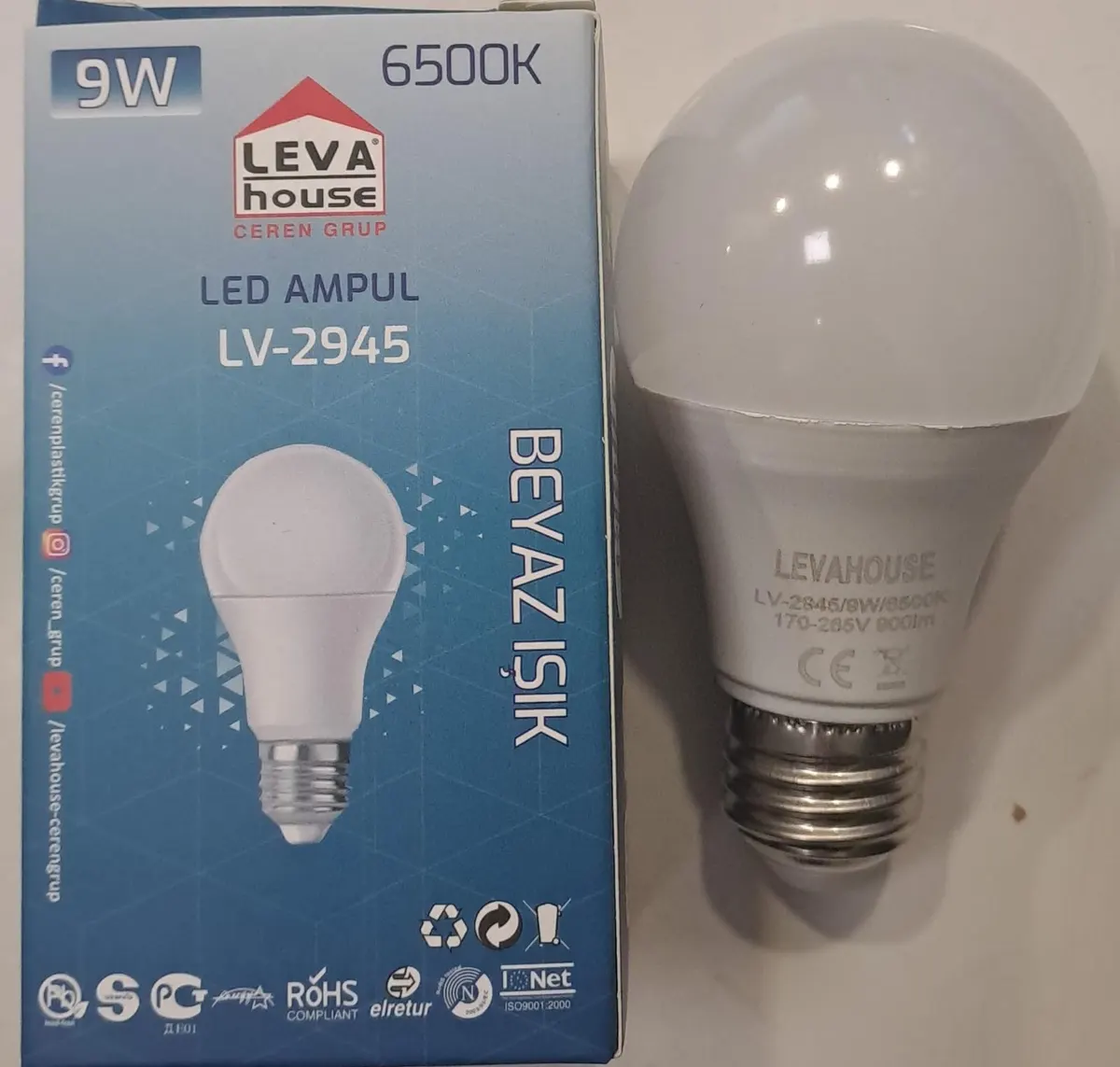 LEVA E27 DUY LED Ampül 9 W 900LM Beyaz IŞIK 6500K Lv-2945 2