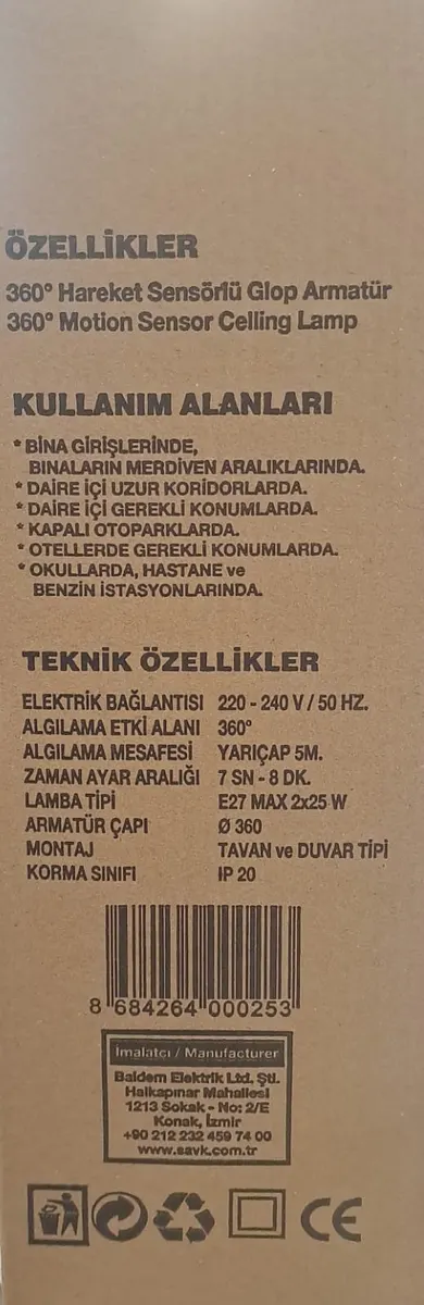 ŞAVK Camlı Tavan Sensörü 2XE27
