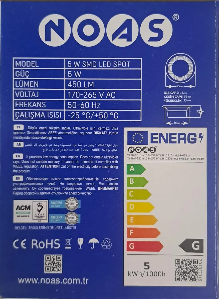 NOAS 5 WATT SMD LED SPOT KROM ÇİZGİ SİYAH KASA BEYAZ IŞIK 450lm 6500K 4