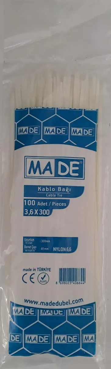 MADE KABLO BAĞI 3,6X300 mm BEYAZ 100 LÜ