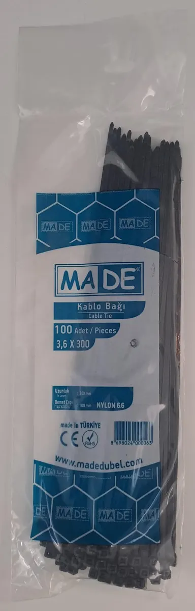 MADE KABLO BAĞI 3,6X300 mm SİYAH 100 LÜ 2