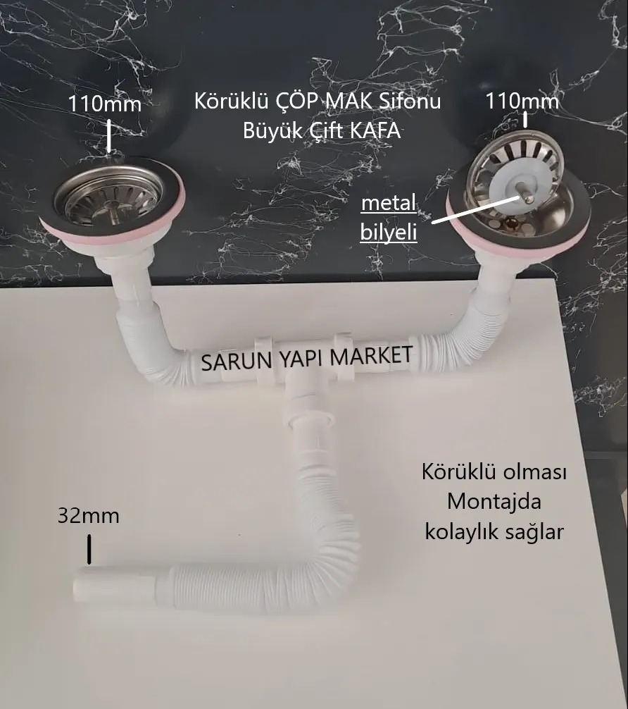 KÖRÜKLÜ SİFON LÜX ÇİFTLİ ÇÖP MAK ( METAL BİLYALI ) - SÜZGÜ Ø 110 mm - Ø 32 LİK ÇIKIŞLI 3