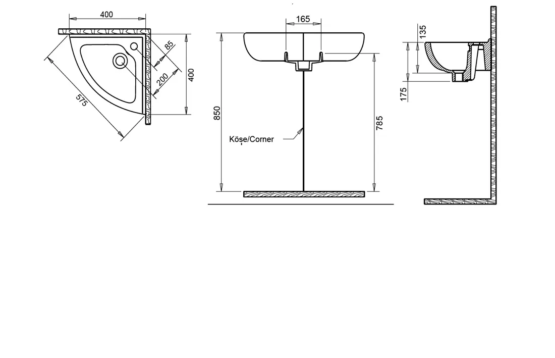 KÖŞE LAVABO 40X40cm TURAVİT 2