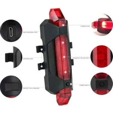 Şarjlı Bisiklet Işığı LED ÇOK Fonksiyonlu USB Girişli - Kırmızı 4