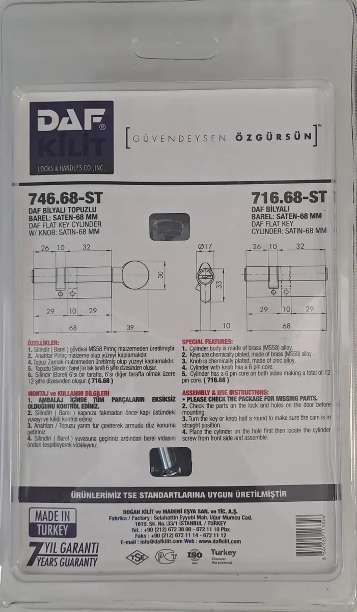 DAF 68 mm BİLYALI ÇELİK KAPI SİLİNDİR SETİ (SATEN) - İKİZ BAREL