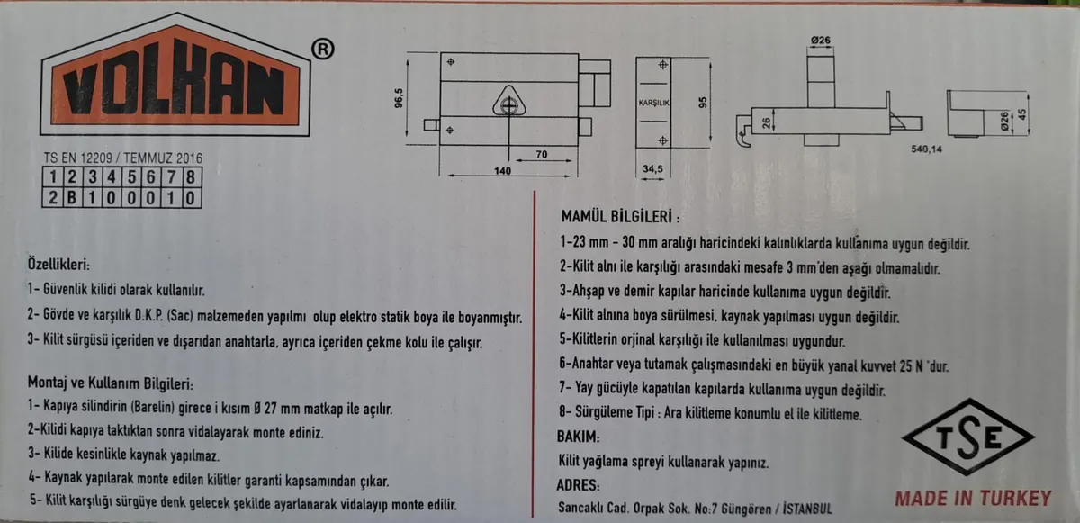 VOLKAN SİLİNDİRLİ TRAJLI ( TİRAJLI ) KİLİT KARE 14 cm SİLİNDİRLİ TRAJLI ( TİRAJLI ) KİLİT - DEMİR KAPI KİLİDİ 4