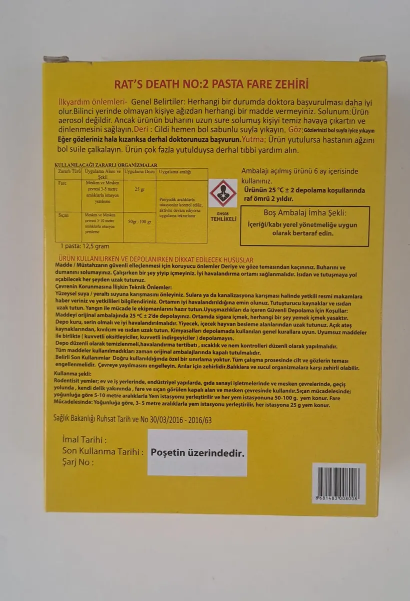 ZAG KİMYA RATS DEATH FARE ZEHİRİ KATI ( PASTA ) 8 x 12,5 gr : 100 gr 3
