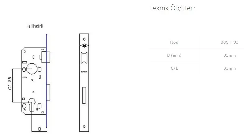 TURSAN 303 SİLİNDİRLİ DAİRE KİLİDİ - GÖMME KİLİT - 35 mm - DAİRE GİRİŞ KAPI KİLİDİ 2